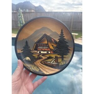 Vintage Swiss Chalet Countryside Wood Plate Decor Wall Hanging Folk Art